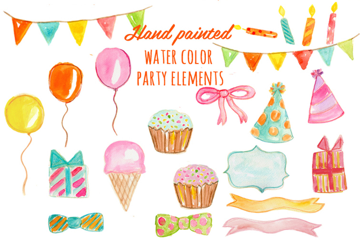 Watercolor Party Elements Hand paint, a Food Illustration by Sandra Jones Art