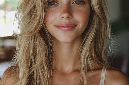 Portrait of a smiling woman with long hair indoors, a Photo by AS photostudio