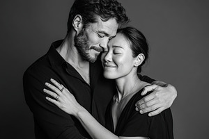 Couples embrace in black and white portrait capturing love and connection, a Photo by AlyaAnd