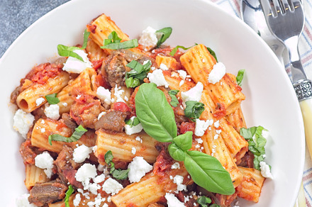 Rigatoni alla Norma pasta with eggplant, tomato, basil and ricotta salata, vert
