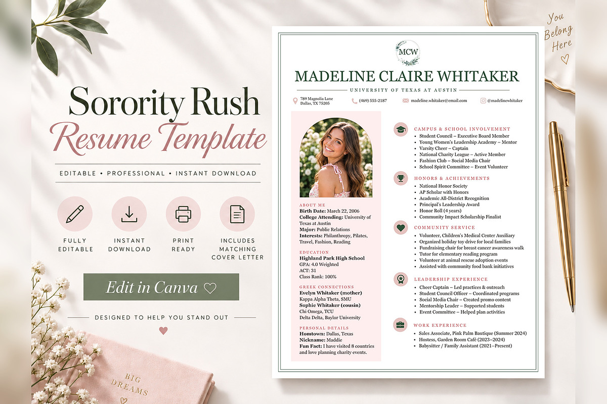 Sorority Rush Resume Canva Template, a Resume Template by Moeen (Photo 2 of 8)