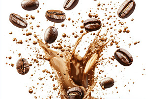 Coffee Beans Splashing Brown Liquid, a Food & Drink Photo by Pixeness Studio