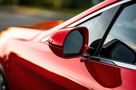 Closeup photo of a new red modern car, a Transportation Photo by AlyaAnd