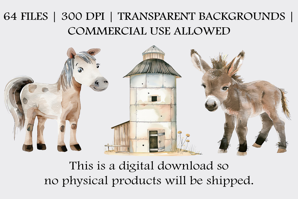 Watercolor Farm Animals Clipart Set