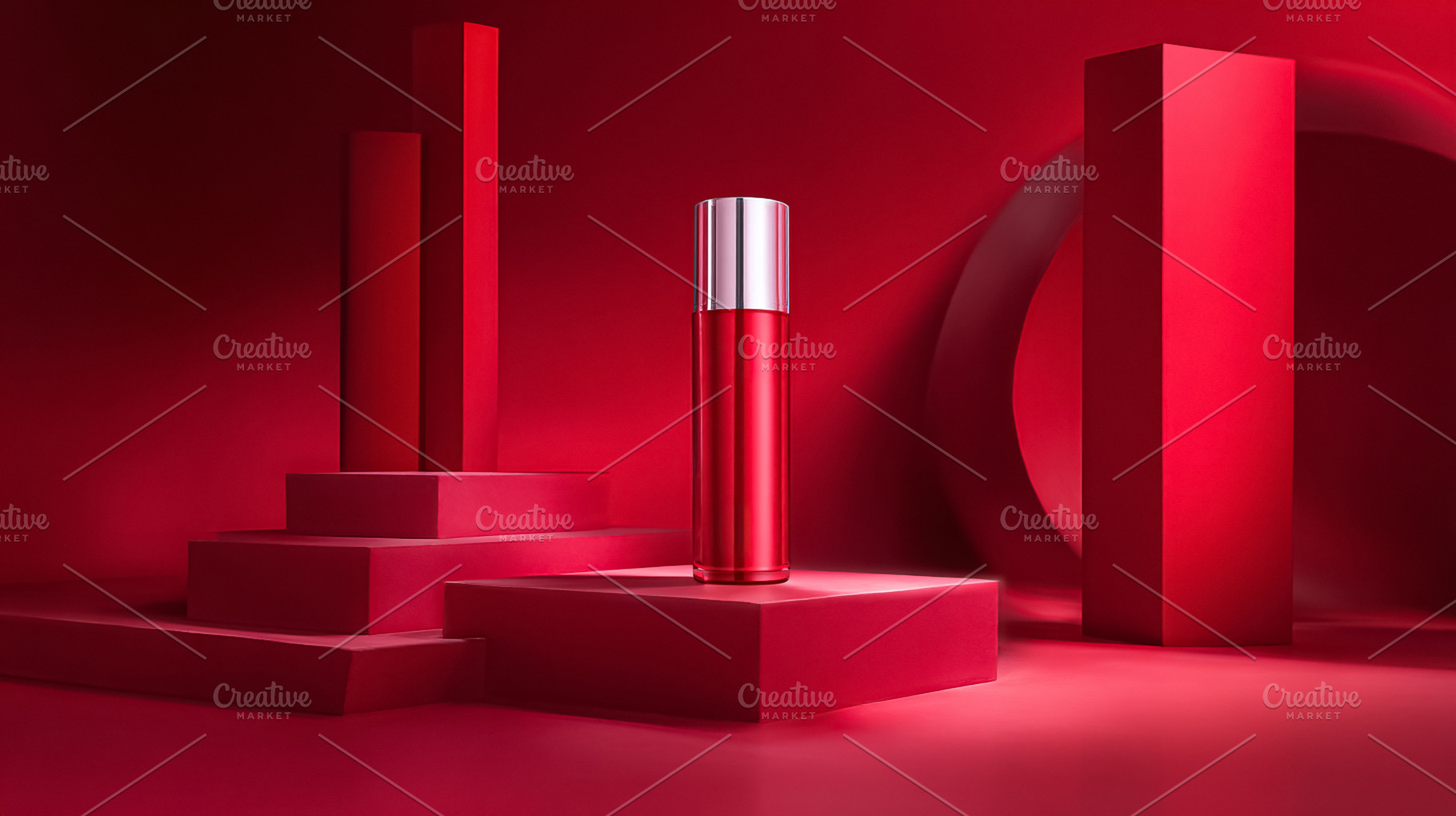 Red cosmetic product display on geometric platforms, showcasing, a Photo by Studio ANNA