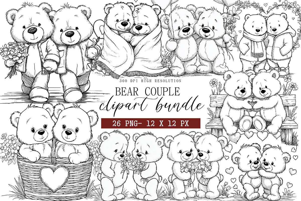 Bear Couple Line Art Clipart, an Illustration by DreamArtGraphic (Photo 1 of 4)