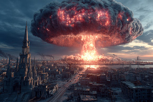 Nuclear explosion over a devastated coastal city with a towering mushroom cloud, a Photo by AS photostudio