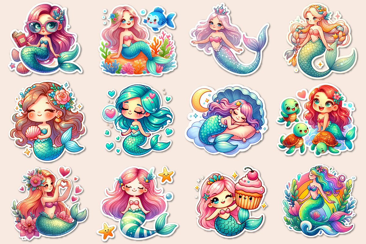 Kawaii Mermaid Clipart Bundle, an Illustration by Dream Creation (Photo 3 of 4)