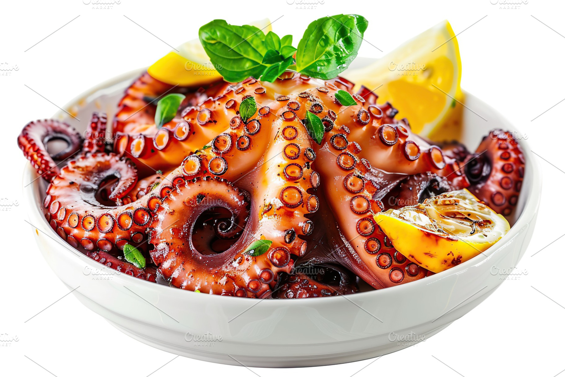 Grilled octopus leg in plate isolated on white background, a Food & Drink Photo by AlyaAnd