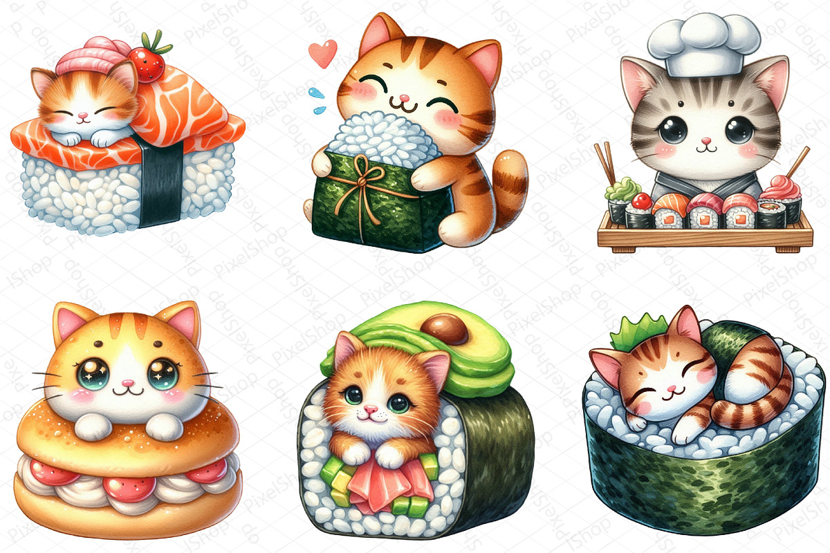Kawaii Cat Japanese Food Clipart, an Illustration by DreamPrint404 (Photo 3 of 6)