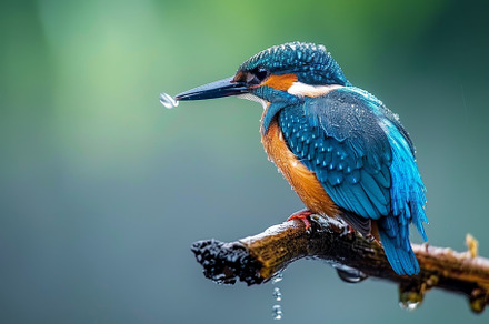 A colorful kingfisher sits on a rain, a Photo by Tanuart