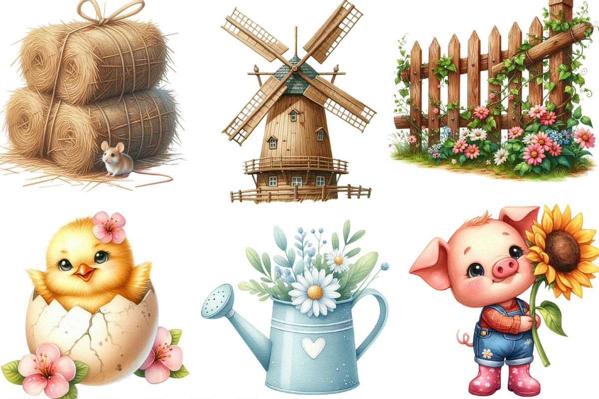 Watercolor Cute Little Farm Clipart, an Illustration by Designking (Photo 3 of 4)