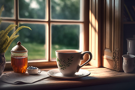 Sunny morning in the English countryside, cup of tea by the wind, a Food & Drink Photo by Anneleven