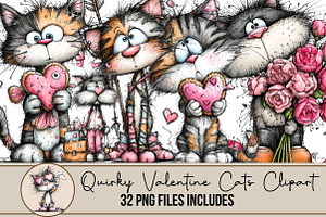 Quirky Valentine Cats Clipart, an Illustration by DreamArtGraphic