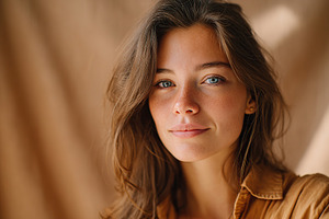 Young woman with beautiful eyes and natural look poses against a soft brown bac, a Person Photo by AlyaAnd