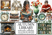 Watercolor Autumn Library Clipart, an Illustration by Libby Wishes (Thumbnail 1 of 7)