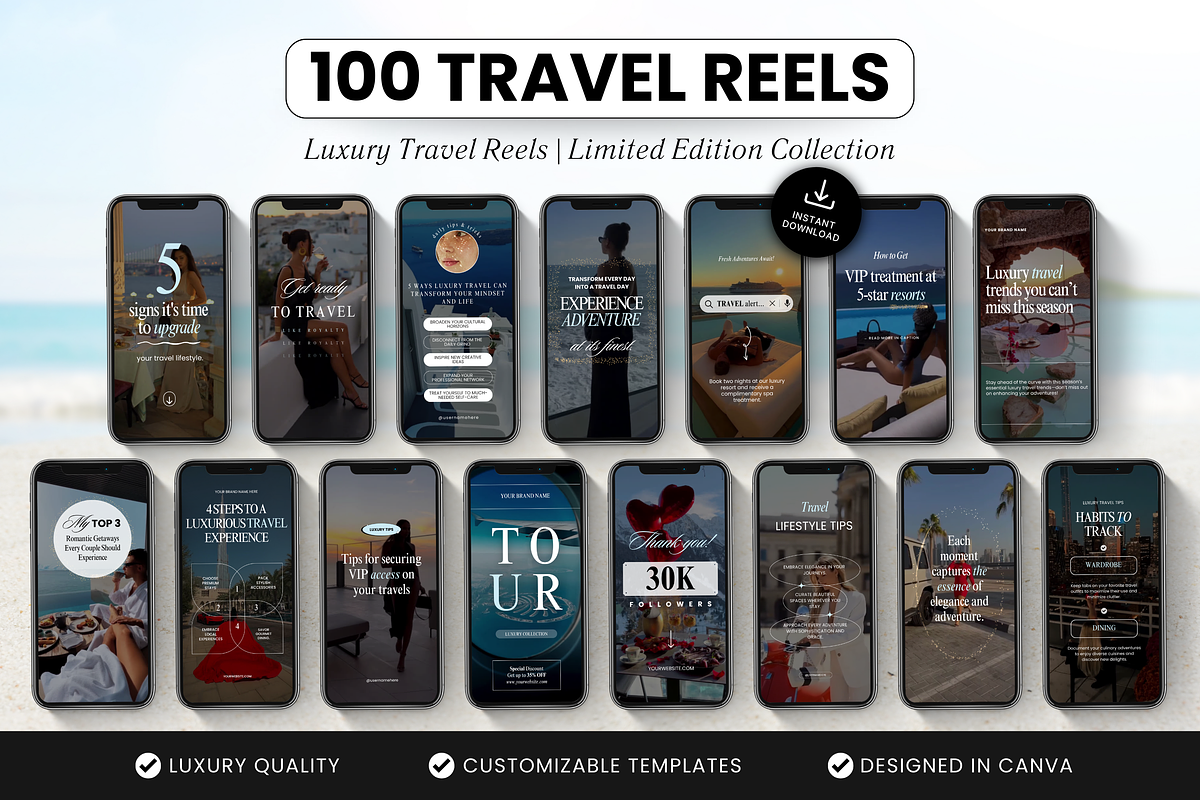 100 Luxury Travel Reels Templates, a Social Media Template by DigiPax (Photo 1 of 10)