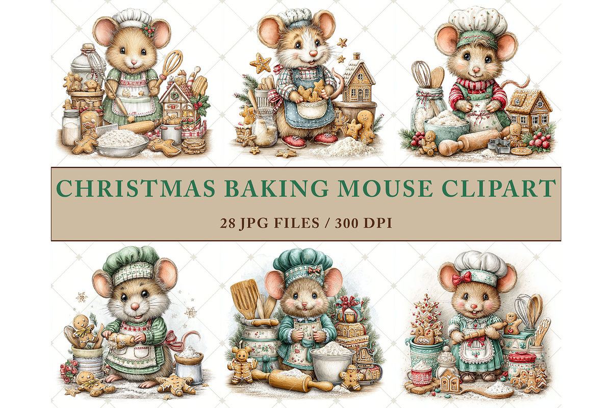 Christmas Mouse Baking Clipart JPG, a Seasonal Illustration by Memories By Lea (Photo 2 of 17)