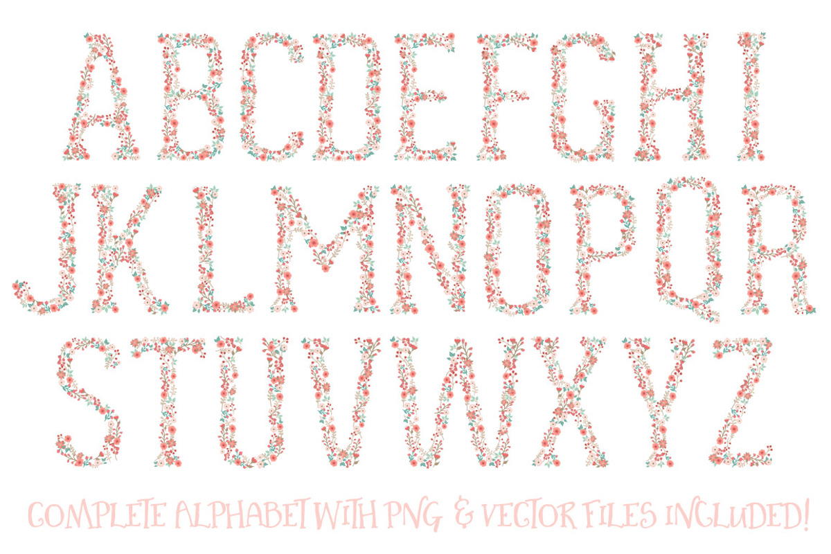 Mint & Coral Floral Alphabet Clipart, an Illustration by Amanda Ilkov (Photo 5 of 5)