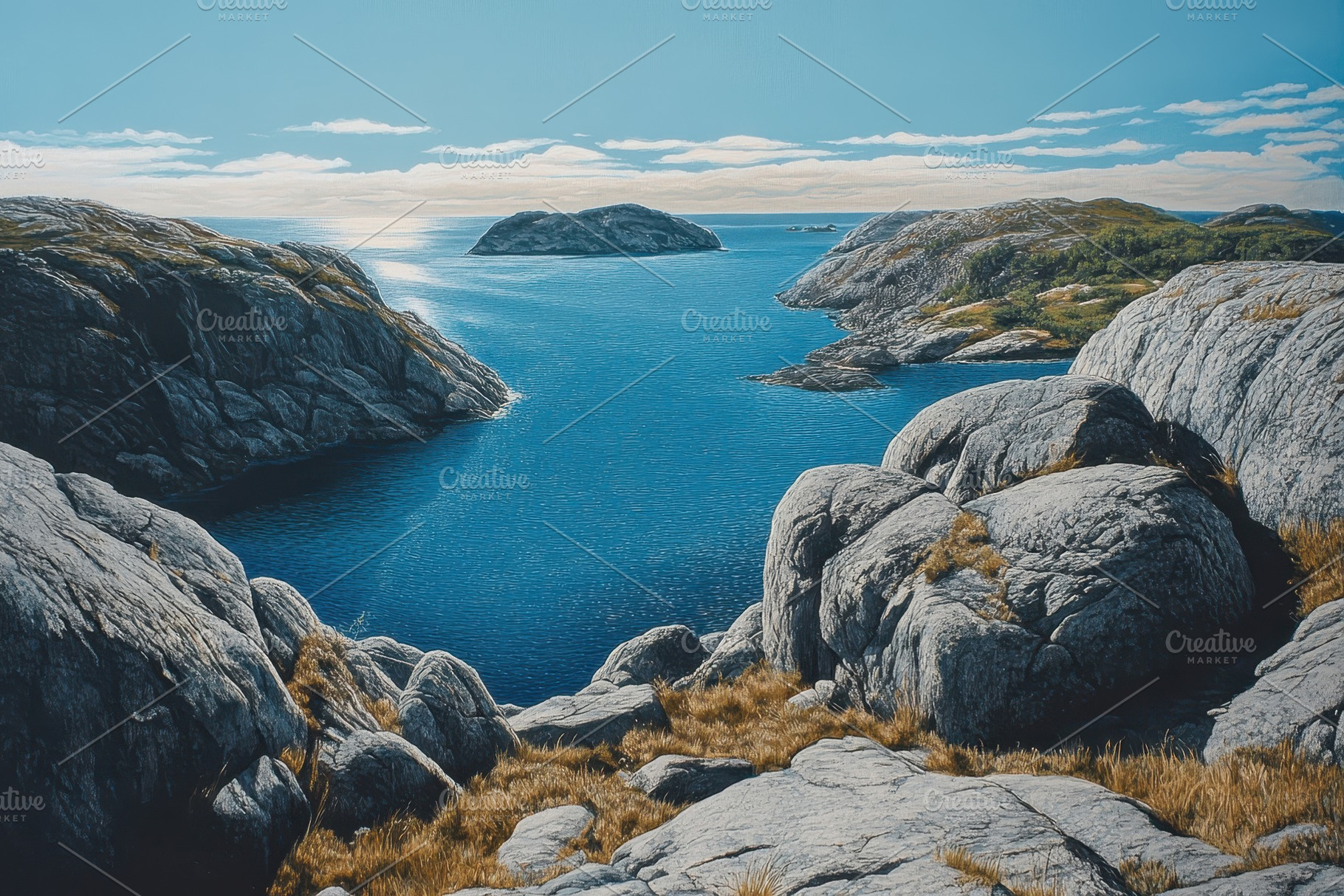 Majestic rocky cliffs frame a tranqu, a Photo by Tanuart