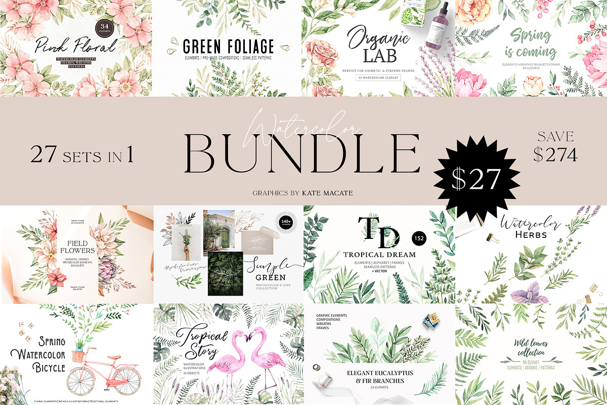 Floral bundle | Watercolor SALE, a Decorative Illustration by Kate Macate (Photo 1 of 28)