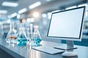 Modern laboratory with computer and glassware, a Technology Photo by AlyaAnd