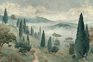Misty Tuscan Landscape Wallpaper, a Decorative Illustration by Virgo Studio