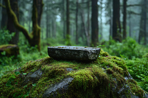 Stone in mossy forest serene nature, a Photo by Pixeness Studio
