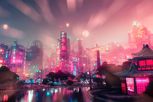 Futuristic cityscape with neon lights at night. Abstract modern, an Architecture Photo by hitdelight