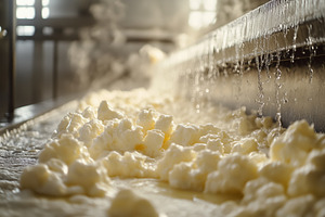 A close-up view of curds forming in a dairy processing facility, with whey flow, a Person Photo by Textures & Backgrounds