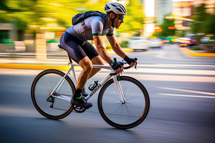 A dynamic shot of a cyclist riding through a dedicated bike lane, a Sports & Recreation Photo by designvectx