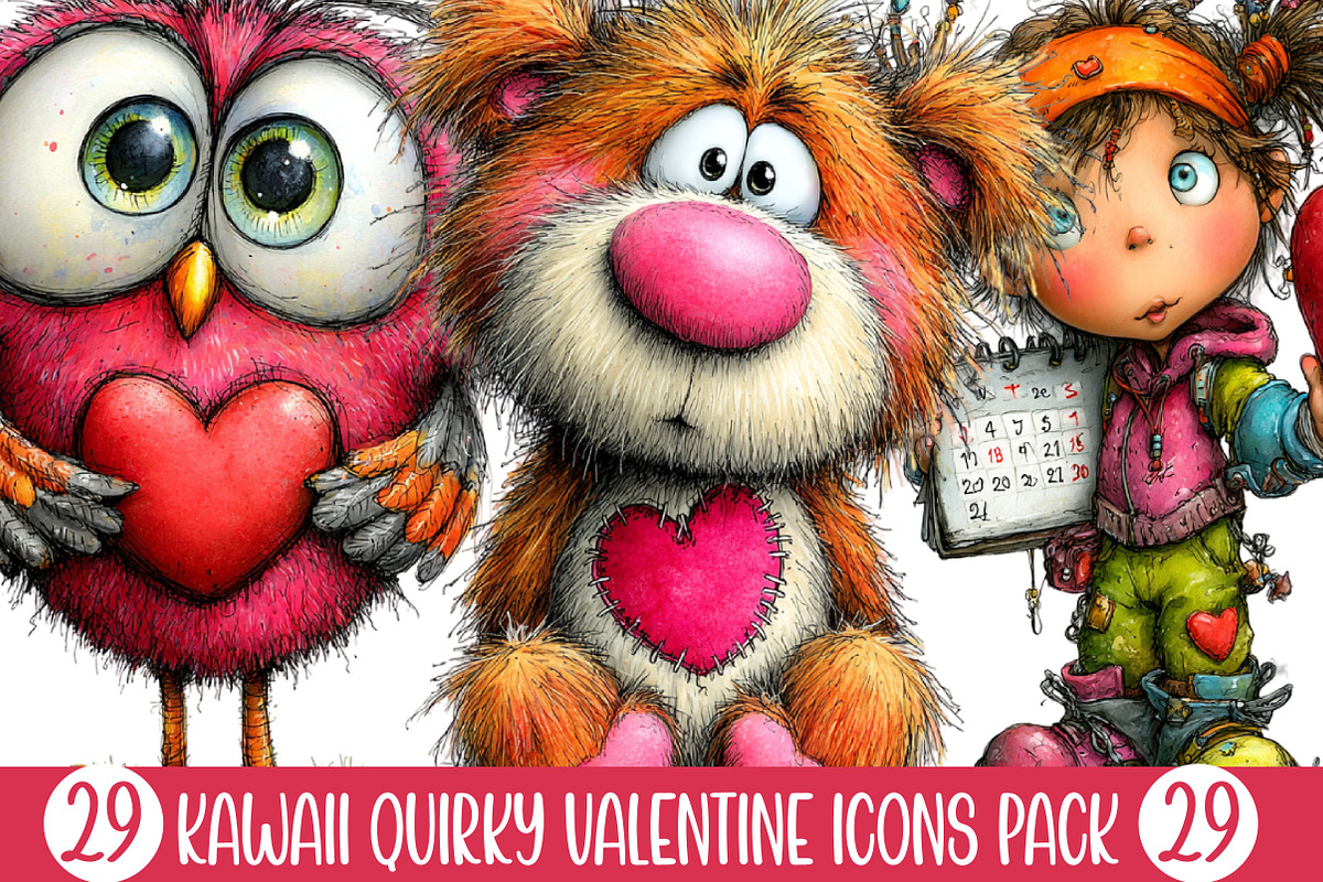 Kawaii Quirky Valentine Icons Pack, an Illustration by Designking (Photo 1 of 5)