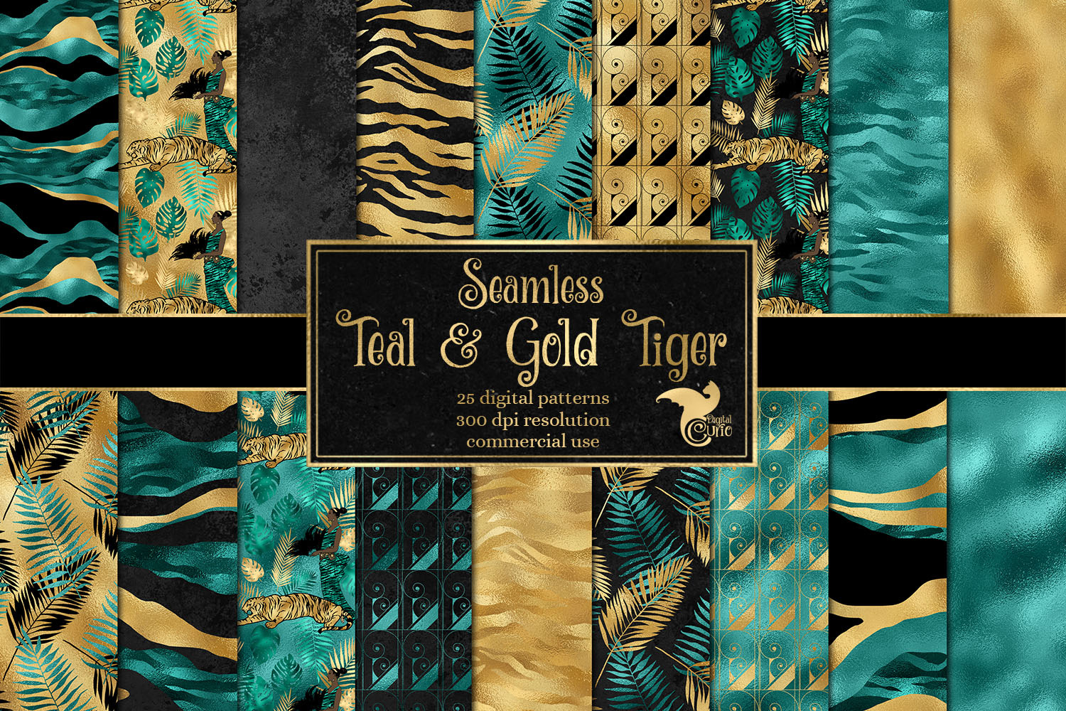 Teal and Gold Tiger Digital Paper, a Pattern Graphic by Digital Curio