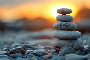 Stacked zen stones at sunset on beach, balance and mindfulness c, a Nature Photo by José Manuel Gelpi