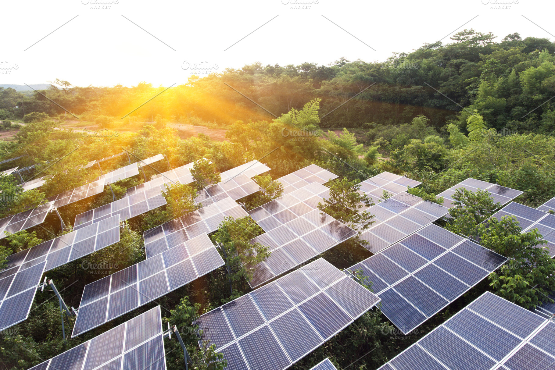 Sunset over solar farm containing energy, clean, and solar, an Industrial Photo by Love Silhouette
