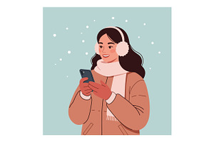 Young woman smiling while using smar, an Illustration by designvectx