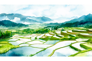 Rice Paddies in Watercolor, an Illustration by LadadikArt
