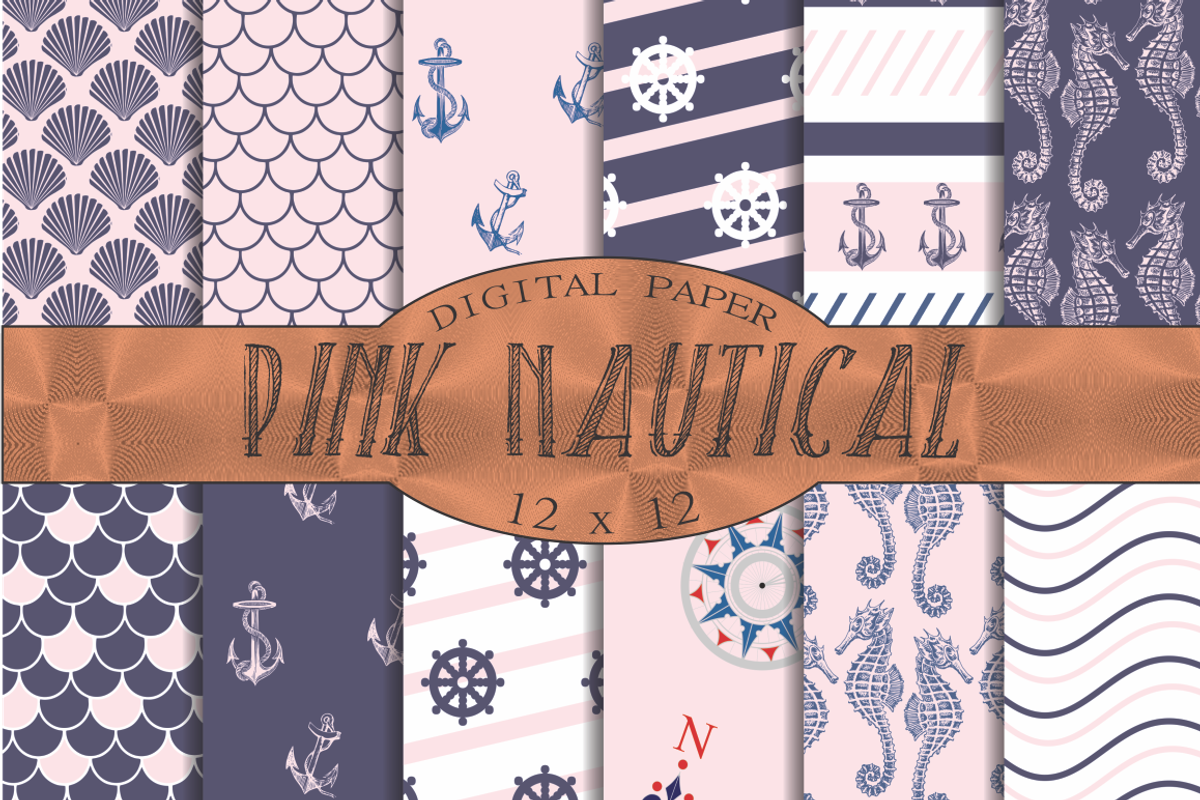 Pink and Navy Nautical Patterns, a Pattern Graphic by Kiwi Fruit Punch