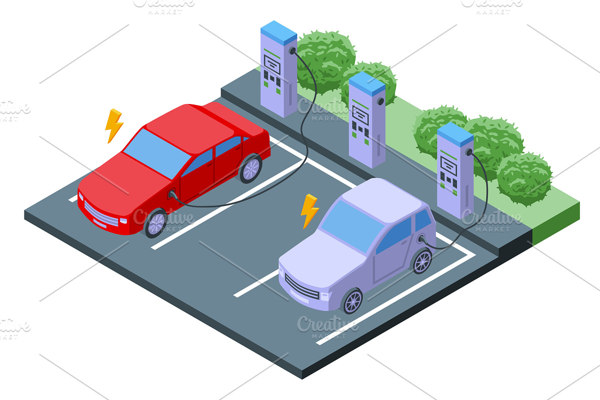 Isometric electric vehicle charging, a Transportation Illustration by Valerie Bodnar