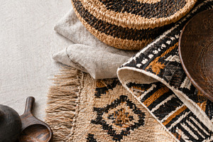 Afrobohemian home interior decor theme with natural textures and, a Photo by Dvoevnore photos