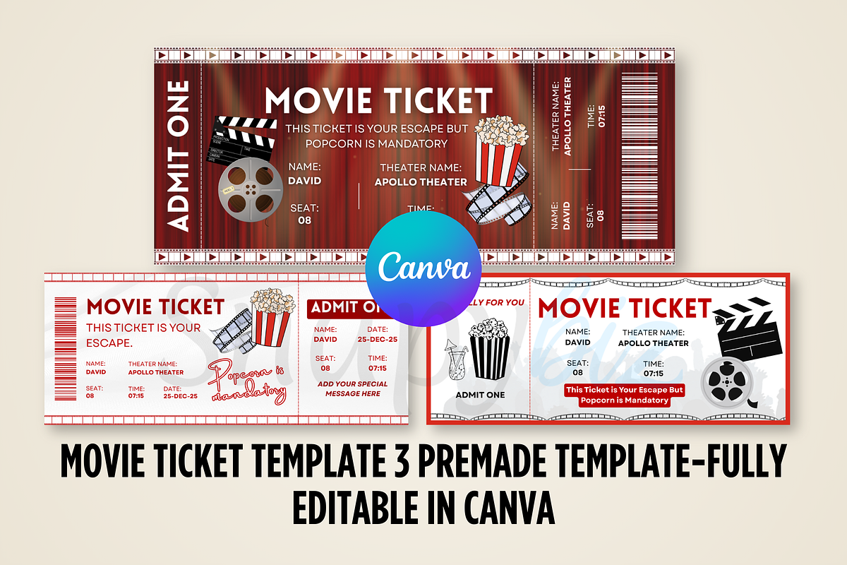 Editable Movie Ticket Canva Template, an Invitation Template by Snapybiz (Photo 5 of 8)