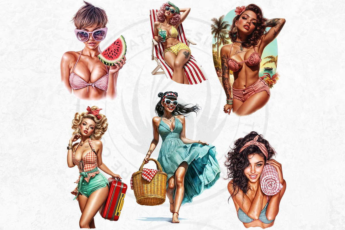 Rockabilly Summer Girls Clipart Set, a Person Illustration by ThatsDesignArt (Photo 4 of 10)