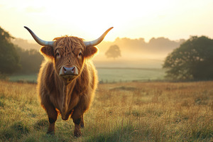 Highland Cow Sunrise Golden Hour Pas, an Animal Photo by Pixeness Studio