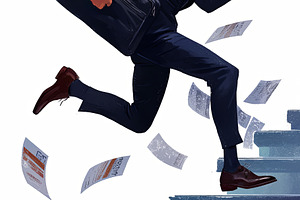 Businessman rushing downstairs with documents in urgency and determination, a Photo by AS photostudio