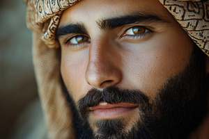 Close-up portrait of a young arabic man with a well-groomed beard and intense g, a Person Photo by Textures & Backgrounds