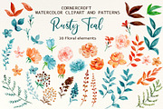 Rusty Teal Floral Clipart & Patterns, an Illustration by Corner Croft (Thumbnail 2 of 13)