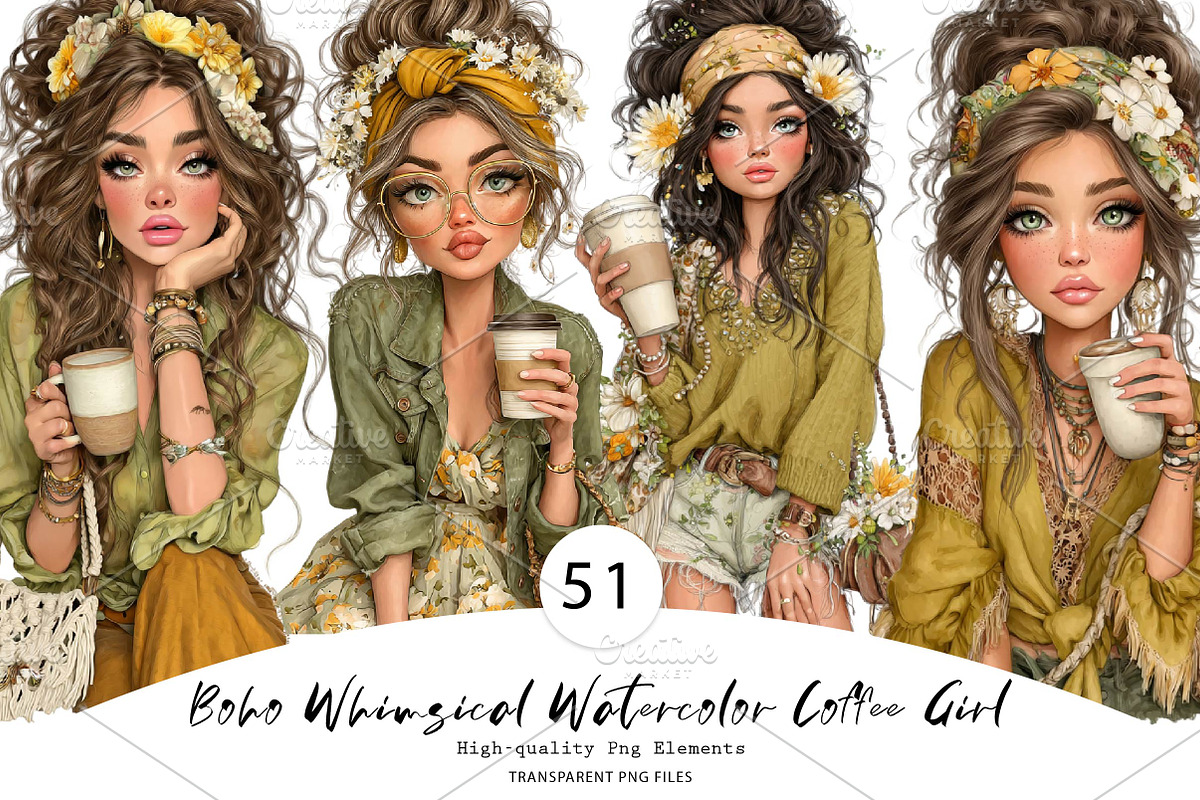 Boho Whimsical Coffee Girl Clipar, a Seasonal Illustration by CreationArt (Photo 1 of 7)