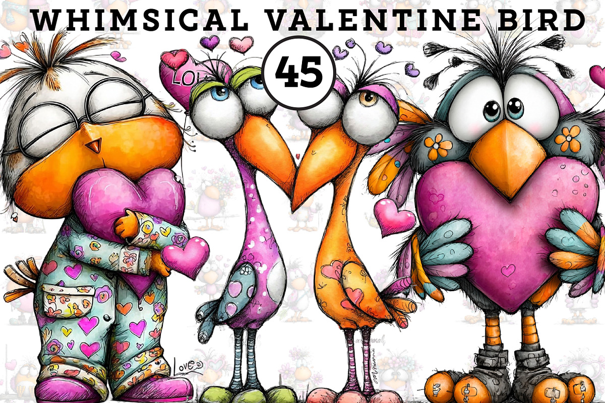 Whimsical Valentine Bird Clipart, an Illustration by CreationArt (Photo 1 of 8)