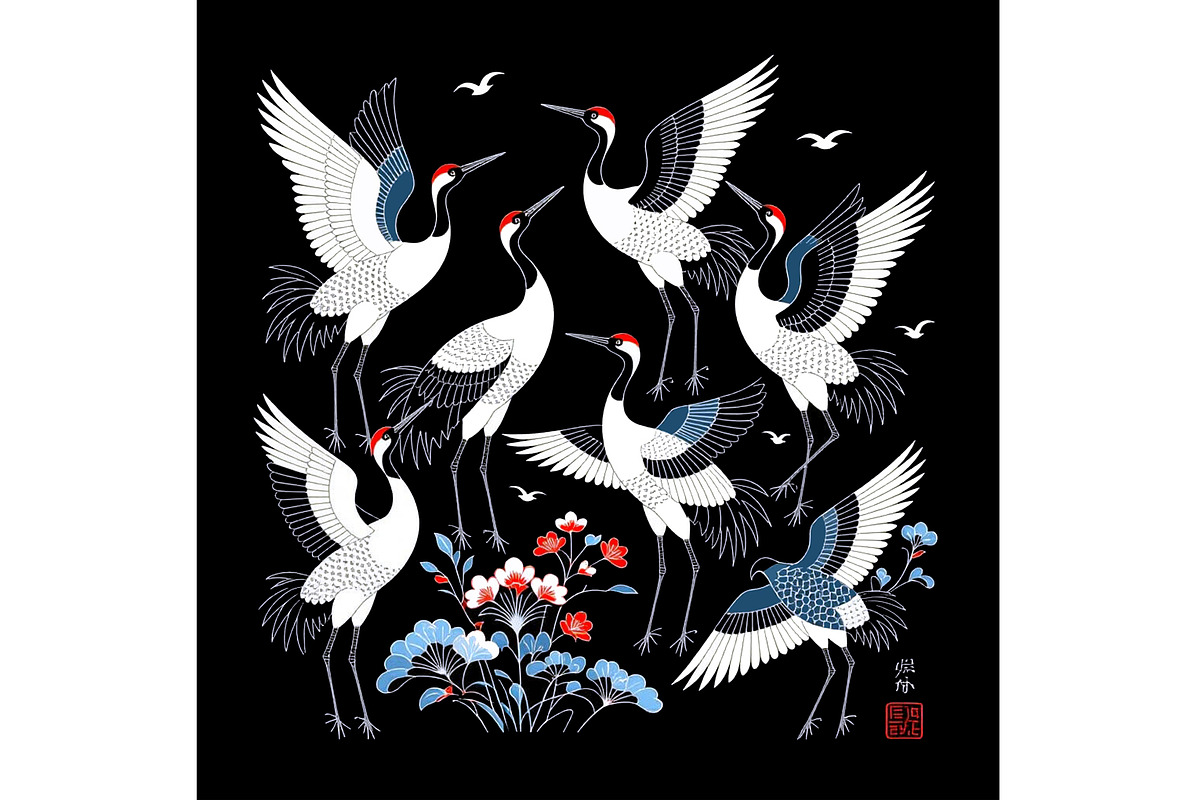 Oriental Cranes with Blue Flowers, an Animal Illustration by Sharon Schwalbe (Photo 2 of 4)