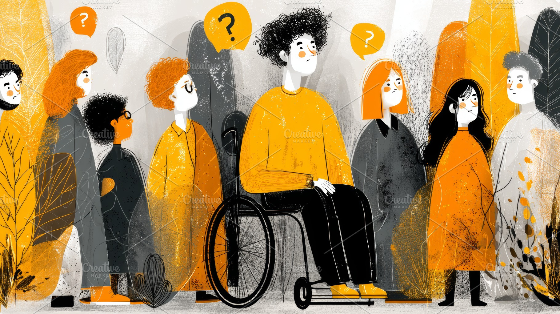 Illustration of diverse people pondering in a reflective environment, a Photo by AS photostudio